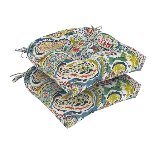 DYTXIII Set of 2 Outdoor Chair Cushions 19"x19"x4", Water Repellent Tufted Patio Seat Cushions with Ties, Thick Replacement Pads for Wicker Dining Chairs, Patio Furniture, Paisley Paradise - color: Paisley Paradise