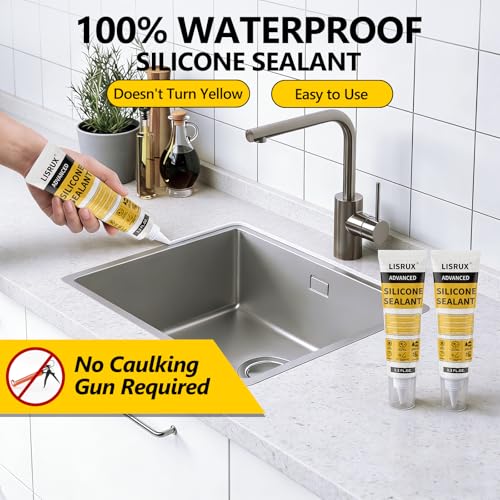LISRUX Advanced White Silicone Caulk for Kitchen & Bathroom - 2 Pack (3.2 Fl Oz Each) | 100% Waterproof Silicone Sealant | Super Strong Adhesion, Shrink & Crack Proof - size: White-2P