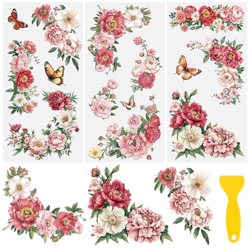 Flower Rub on Transfer Stickers, 3 Sheets Peony Rub on Furniture Transfers Floral Border Rub on Transfer Decals for Wood Crafts Bookcase Table Wardrobe Desk DIY Home Decor - color: Pink Peony