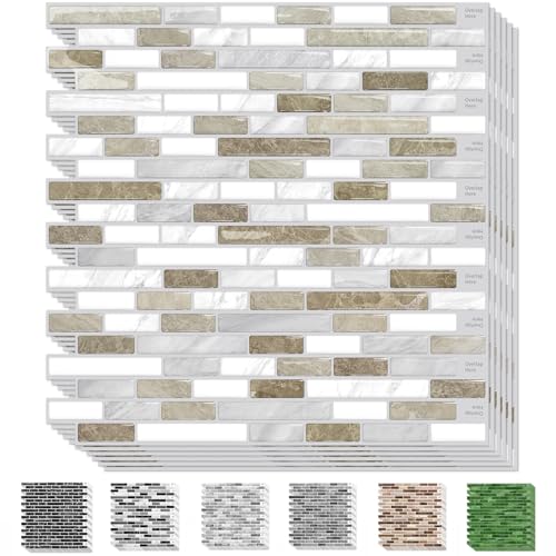 URCOLOR 10-Sheet Peel and Stick Backsplash Tile for Kitchen, 12”×12” Stick on Wall Tile for Bathroom, Beige & White - color: Beige & White