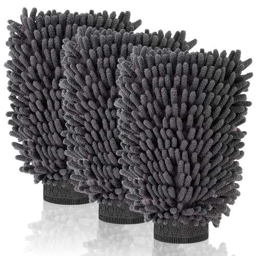 3 Pack Chenille Microfiber Car Wash Mitt, 7" x 9.6", Grey - color: Grey