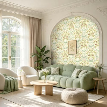 BOKEBEVE Bird Floral Wallpaper Peel Stick Beige Yellow Green 17.5 x 118In - color: Beige/Yellow, size: 17.5" x 118"