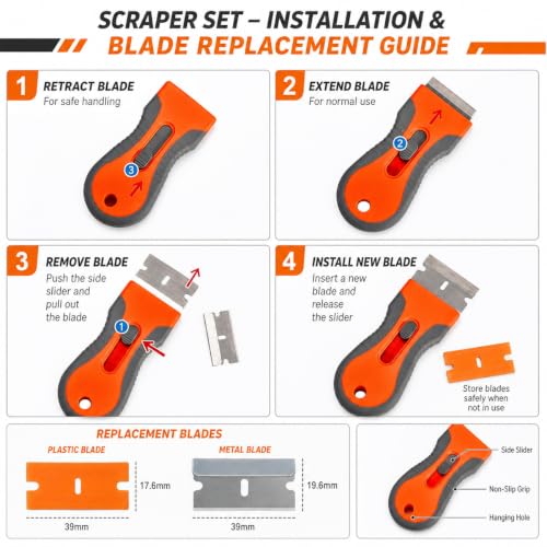 Razor Blade Scraper Tool with 20pcs Extra Blades, Razor Blade Retractable,Safety Lock Paint Stripping Tool, for Removing Labels, Stickers, Decals, Paint from Glass - color: Telescopic scraper