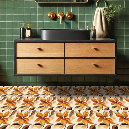 HOMETITUTE Orange Lily Flower Peel Stick Vinyl Floor Tile 12x12 Inch - style: Orange Floral