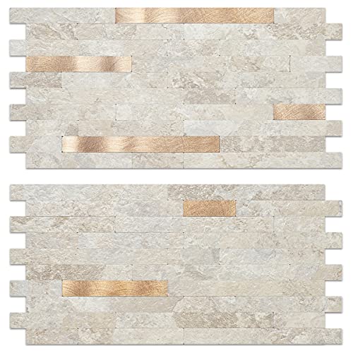 AULIGET 20 Sheets Faux Stone Peel and Stick Backsplash, Beige Marble Look PVC Wall Tiles Stick on Backsplash for Kitchen - color: Stone Beige + Metal Copper, size: 20 Sheets, 6"x12"x0.12"