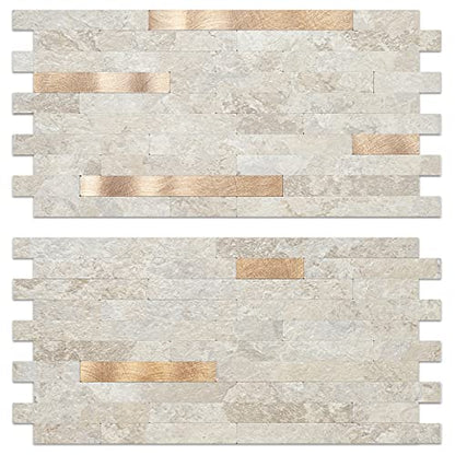 AULIGET 20 Sheets Faux Stone Peel and Stick Backsplash, Beige Marble Look PVC Wall Tiles Stick on Backsplash for Kitchen - color: Stone Beige + Metal Copper, size: 20 Sheets, 6"x12"x0.12"