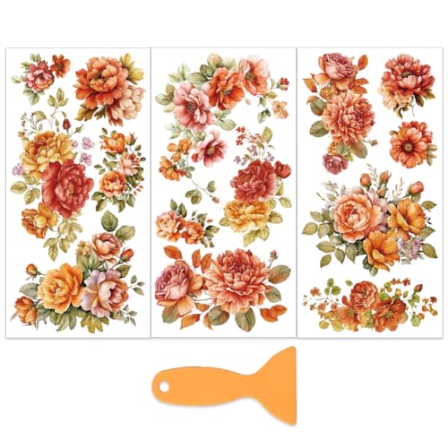 OLYCRAFT 3Pcs/Set Orange Flower Rub on Transfers for Furniture and Craft 6x12 Inch Peony Furniture Decal Transfer Sticker Rub on Decal with 1pc Scraper for Scrapbook Window Home Decoration - style: Orange Flower