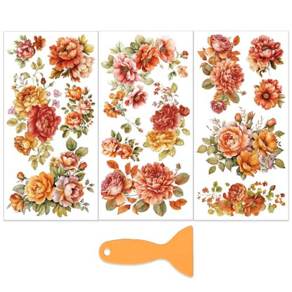 OLYCRAFT 3Pcs/Set Orange Flower Rub on Transfers for Furniture and Craft 6x12 Inch Peony Furniture Decal Transfer Sticker Rub on Decal with 1pc Scraper for Scrapbook Window Home Decoration - style: Orange Flower