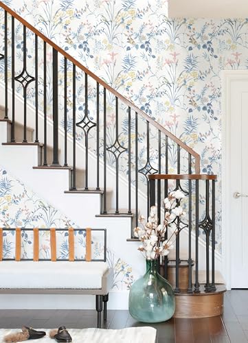 Erfoni Boho Floral Birds Wallpaper DIY Removable Peel and Stick Wallpaper - color: Blue, size: 16.9" x 197"