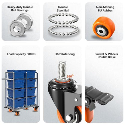 2 inch Caster Wheels 5/16" - 18x1 Threaded Stem Casters Set of 4 Heavy Duty(Stem Diameter 5/16" UNC, Stem Length 1"). Safety Locking Industrial Casters for Carts, Furniture(Orange) - size: 2 Inch_5/16"-18x1"