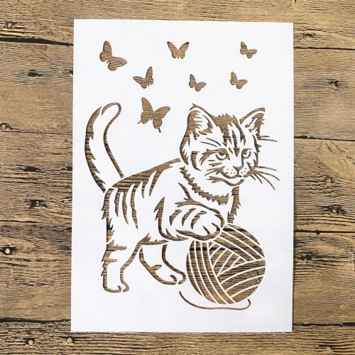 TIAMECH A4 Reusable Tabby Cat Yarn Ball Stencil for Painting - color: Tabby Cat with Yarn Ball