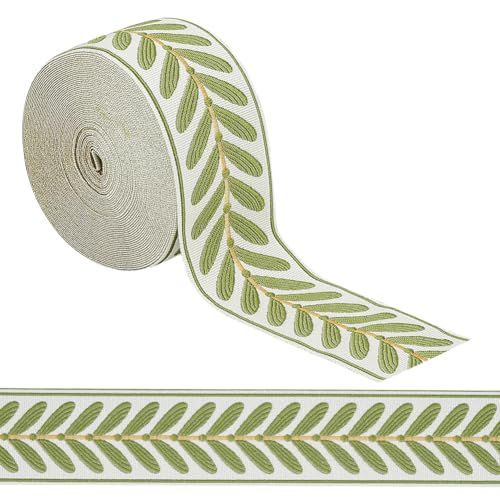 OLYCRAFT 10.9Yards Jacquard Ribbon Trim 2.4 Inch Leaf Pattern Jacquard Polyester Ribbons White Green Leaf Jacquard Woven Embroidery Trim for DIY Sewing Crafts Handmade Bag Belts Clothing Decoration - color: Green