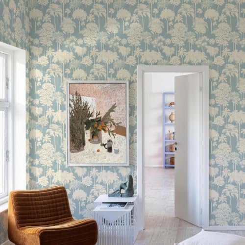 JiffDiff Blue Forest Tree Peel and Stick Wallpaper,17.3" x 120" - color: Blue, size: 17.3" x 120"