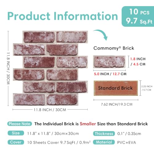Commomy Faux Brick Wall Panels Peel and Stick Thin PVC 10 Pcs 11.8" x 11.8" - color: Brick-KH