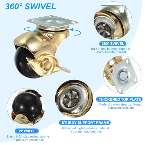 PATIKIL 2 Inch Ball Caster Wheels with Brake, 4 Pack 360° Rotating Swivel Top Plate Wheels 397 lbs Total Capacity Locking Caster with M4 Screws for Furniture Table Cabinet Gold - color: Gold, size: 2 Inch