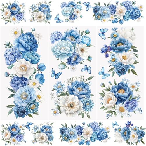 WANDIC 3 Sheets Rub On Transfer Stickers Blue Flowers Theme Waterproof Decals Furniture Craft Decorative for DIY Scrapbooking Photo Albums,15 * 30cm