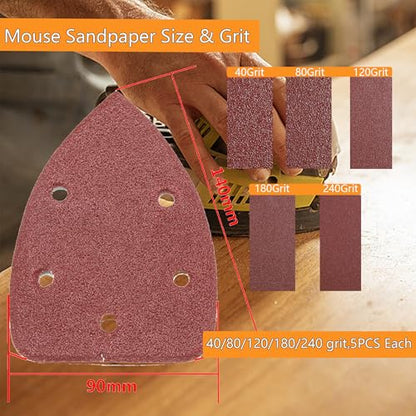 25PCS Mouse Sander Sandpaper with 2pcs Foam Sanding Pads for Mouse Sander 140mm*90mm 5 Holes Mouse Detail Sander Sandpaper 40-240 Grits - size: mouse sanderpaper with Interface Pad