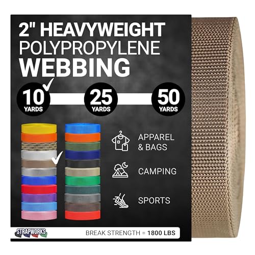 Strapworks Heavyweight Polypropylene Webbing - Heavy Duty Poly Strapping for Outdoor DIY Gear Repair - color: Tan, size: 2" x 10 yard