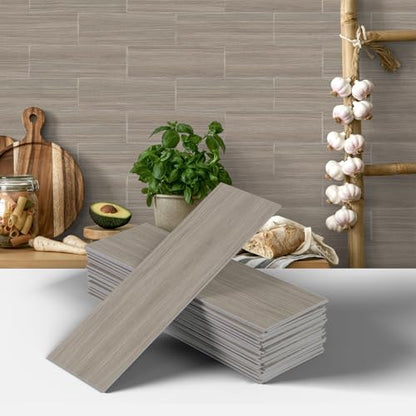 Tile Stickers for Kitchen, 12pcs Wooden Effect Wall Sticker 3D Wall Panels Peel and Stick Wall Tile Backsplash for Bathroom Retro Self Adhesive Waterproof Subway Tiles DIY-4"x12"