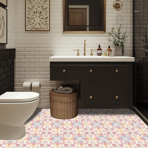 HOMETITUTE Pink Geometric Floral Peel Stick Vinyl Floor Tile 12x12 Inch - style: Pastel Floral Look