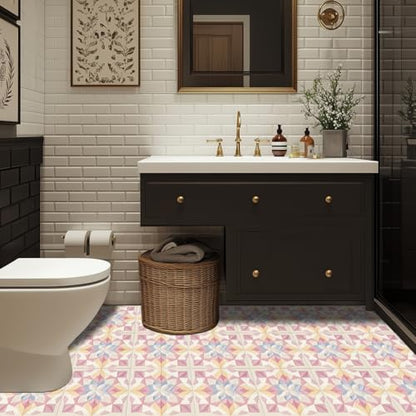 HOMETITUTE Pink Geometric Floral Peel Stick Vinyl Floor Tile 12x12 Inch - style: Pastel Floral Look