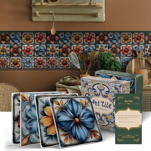 Tile Decals with Vintage Flower Pattern, 6X6IN-24 Pcs - color: Blue Red Orange, size: 6X6IN*24PCS