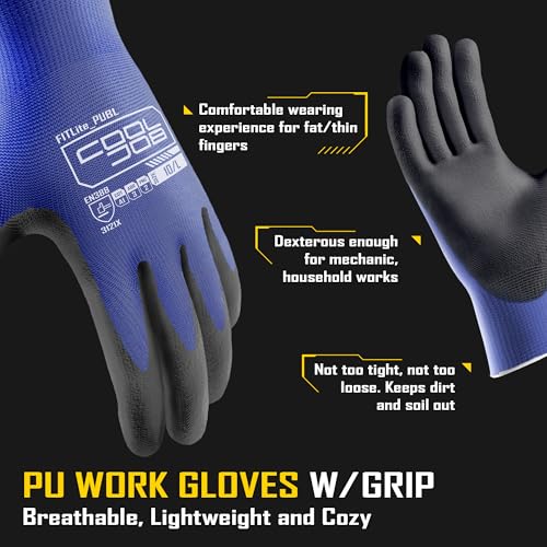 COOLJOB 12/60 Pairs Safety Work Gloves Pack Bulk with Grip PU Coating - color: Blue, size: Medium (Pack of 12)
