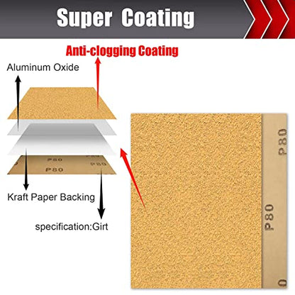 BOSHCRAFT 50 Pcs 1/4 Sheet Sand Paper 5.5" x 4.5" – 80/150/320/400 Grit 8 Sheets Each, 120/220 Grit 9 Sheets Each, Premium Aluminum Oxide Sandpaper Assortment for Wood Metal Automotive Palm Sanders - size: 50 Pcs