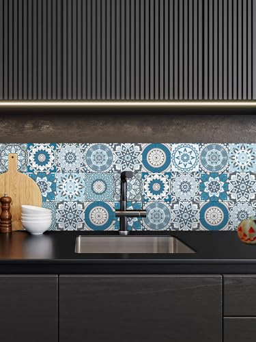 Peel Stick Vinyl Moroccan wall Tile Decals 6x6in Stick on backsplash,24Pc - color: Cyan Mandala 6x6