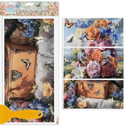 GLOBLELAND 3 Sheets Vintage Oil Painting Flower Basket Furniture Transfer 11.8x5.9inch Jewelry Butterfly Rub on Transfer UV Self-Adhesive Stickers Wall Art Craft for Furniture Room Desk Table - style: Flowers Box