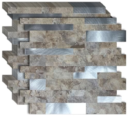 10 Sheets Backsplash Tile for Kitchen Peel and Stick, 11.81" X 11.81" Self-Adhesive Waterproof, Metal Backsplash Subway Tile, Stick on Tiles Kitchen Bathroom(Darken Coffee+Frosted Silver) - color: Darken Coffee+Frosted Silver