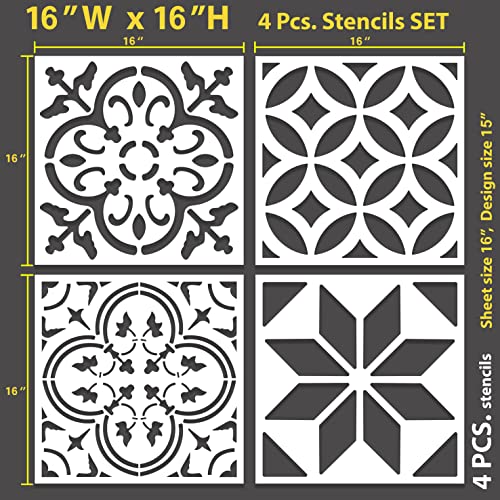 / 4 pcs. 16 x 16 Inches/Tile Stencil Set, Reusable Tile Stencils Set for Painting, Furniture, Floor/Household Paint Wall Stencils (16x16 inches) - size: 16x16 inches