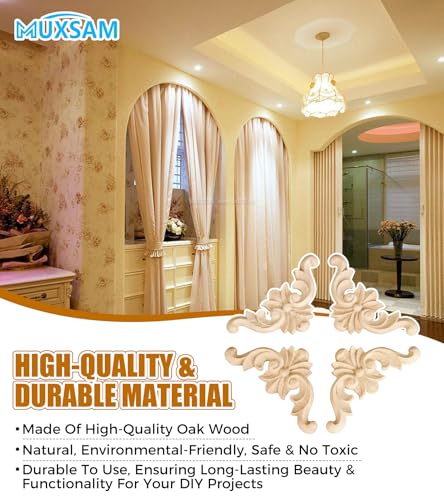 4Pcs Wood Carved Onlay Appliques, Unpainted Wooden Corner Carving Decals - size: 3.94 x 3.94 inches