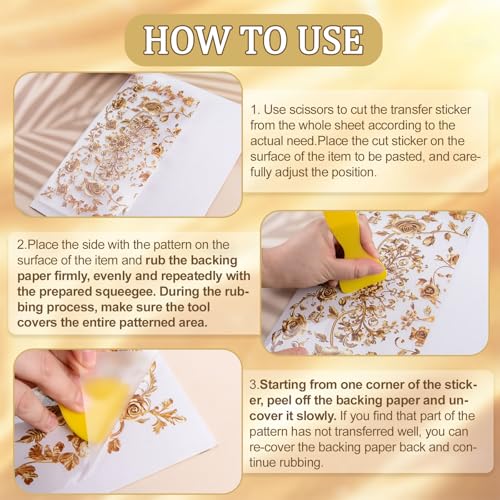 WANDIC 3 Sheets Rub On Transfer Stickers, Retro Golden Flowers Pattern Waterproof Decals Furniture Craft Embellishments for DIY Scrapbooking Photo Albums,15 * 30cm - color: Golden Flowers