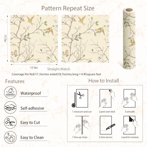 CiCiwind Vintage Peel and Stick Wallpaper Bird Wallpaper 17.3''x78.7'' - size: 17.3" x 78"