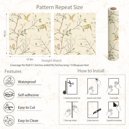CiCiwind Vintage Peel and Stick Wallpaper Bird Wallpaper 17.3''x78.7'' - size: 17.3" x 78"