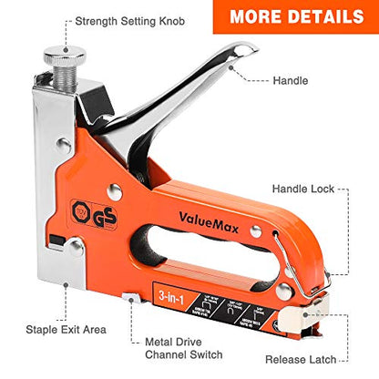 ValueMax Staple Gun, Heavy Duty 3-in-1 Manual Nail Gun with 3000 Staples, Upholstery Stapler for Wood, Furniture, Carpet, Carpentry, DIY, Wire, Decoration, Craft, Fixing Material, Decoration - style: Orange & 3000 Staples