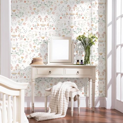Peel and Stick Wallpaper for Nursery White Cute Bow Leaf Waterproof - color: White, size: 17.3" x 196"