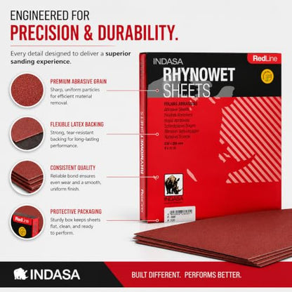 INDASA Rhynowet Red Line Wet Dry Sanding Sheets 9 x 11 Inch 180 Grit Waterproof Latex Backing Abrasive Paper for Wood Metal Automotive Surface Prep Pack of 50 - size: 180-Grit 9"x11"