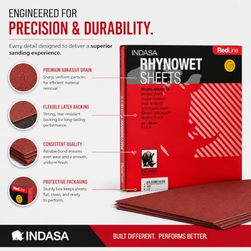 INDASA Rhynowet Red Line Wet Dry Sanding Sheets 9 x 11 Inch 120 Grit Waterproof Latex Backing Abrasive Paper for Wood Metal Automotive Surface Prep Pack of 50 - size: 120-Grit 9"x11"