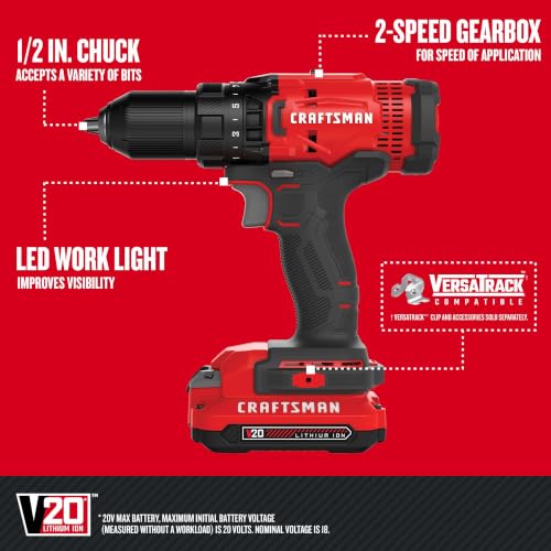 CRAFTSMAN V20 Cordless Drill/Driver Kit, 1/2 inch, Battery and Charger Included (CMCD700C1) - style: 20V MAX Drill Kit