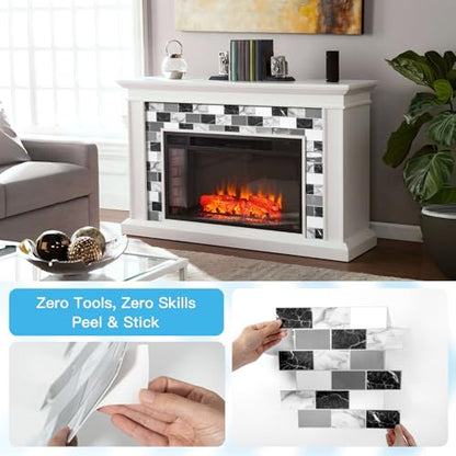 Art3d 10-Pack Marble Wall Tiles Peel and Stick Backsplash, Black White Grey - color: White Grey Marble