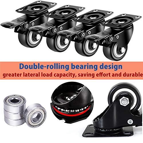2 inch Casters Set of 4 with Brake, Polyurethane (PU) and Floor Protection, Noise-Free 360 Degree Swivel Wheels, Load Capacity-800lbs, Set of 4 (Includes Complete Screws Sets with Accessories) - size: 2 inch V-Black