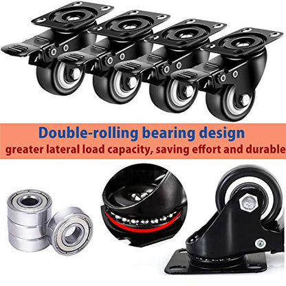 2 inch Casters Set of 4 with Brake, Polyurethane (PU) and Floor Protection, Noise-Free 360 Degree Swivel Wheels, Load Capacity-800lbs, Set of 4 (Includes Complete Screws Sets with Accessories) - size: 2 inch V-Black