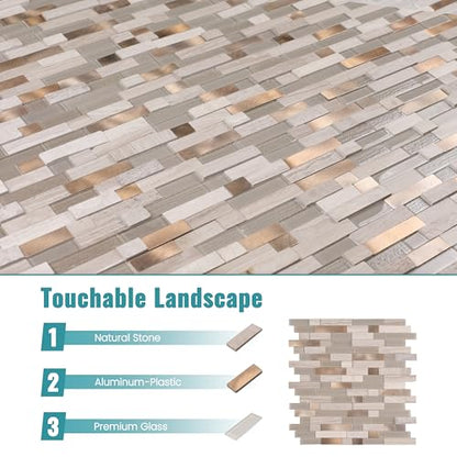Nicesungdeco Peel and Stick 3D Natural Stone Mosaic Backsplash Tiles, 12" x 12" 5-Sheet Backsplash Self Adhesive Tiles for Kitchen Fireplace Vanity (Grey Gold) - color: GREY GOLD