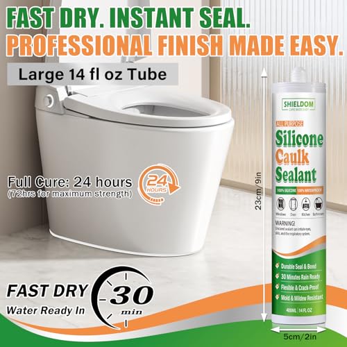 SHIELDOM Silicone Caulk White Silicone Sealant 100% Waterproof All Purpose Caulk & Seal with Caulking Tool Stronger Adhesion Shrink & Crack Proof for Kitchen, Window, Bath, Marine, Door 14oz/400ml - color: White