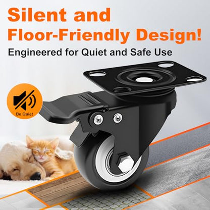 2" Black Caster Wheel Set of 4, Swivel Plate Casters with Brake - color: Black, size: 2 IN