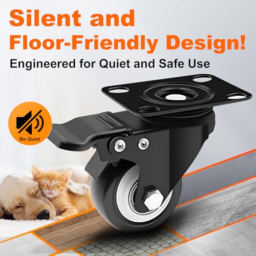 2" Black Caster Wheel Set of 4, Swivel Plate Casters with Brake - color: Black, size: 2 IN