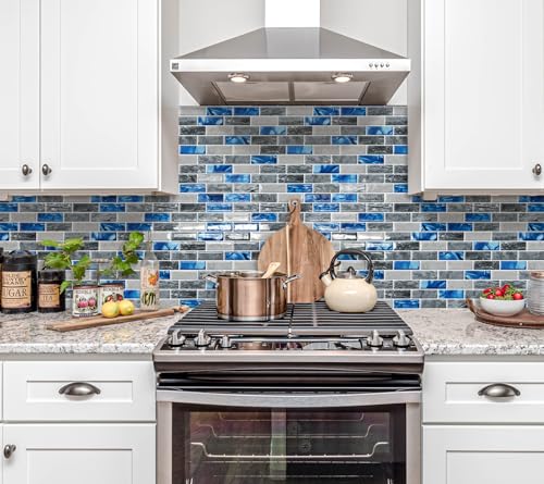DEWOO Peel and Stick Backsplash 3D Self Adhesive Wall Tile Blue 10 Sheet - color: Marble Blue