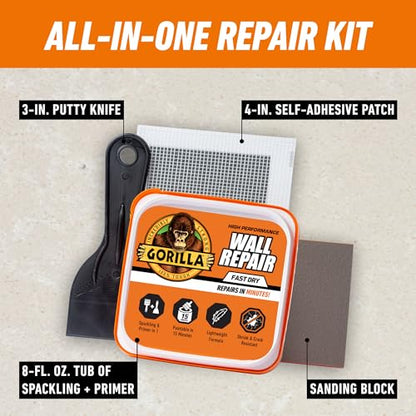 GORILLA Wall Repair Kit, Heavy Duty Spackling Tub, 4 in Patch, 8 Fl Oz (Pack of 2) - size: 8 Fl Oz (Pack of 2)